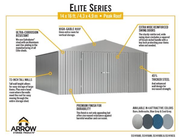 Arrow Shed Elite 14′ x 16′ Outdoor Lockable Gable Roof Steel Storage Shed Building, Anthracite - Image 3