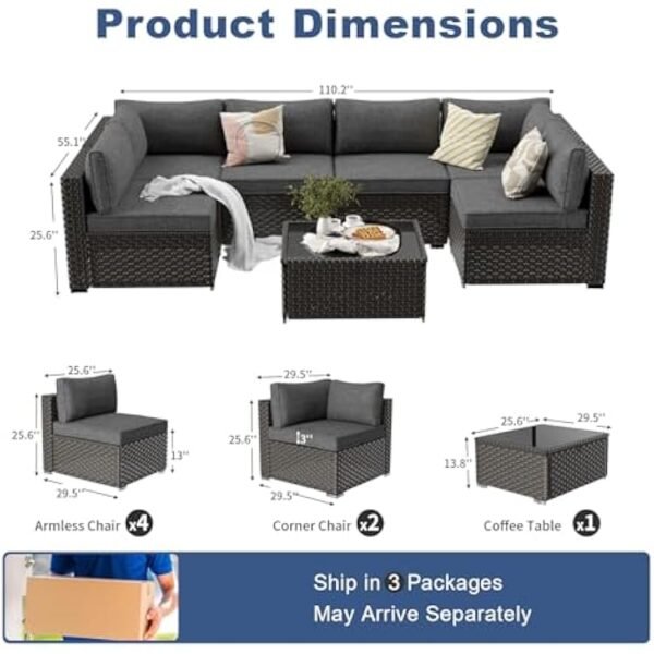7 Pieces Patio Conversation Sets, Modern Rattan Wicker Outdoor Sectional Sofa Set, All-Weather Wicker Patio Furniture Set with Adjustable Seat, Soft Cushions & Coffee Table, Grey - Image 2