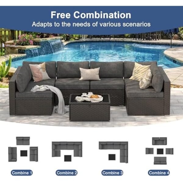7 Pieces Patio Conversation Sets, Modern Rattan Wicker Outdoor Sectional Sofa Set, All-Weather Wicker Patio Furniture Set with Adjustable Seat, Soft Cushions & Coffee Table, Grey - Image 4