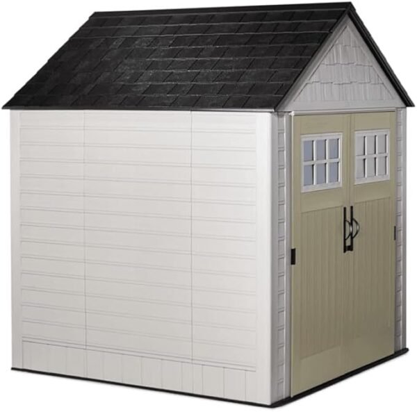 7 Foot by 7 Foot Weatherproof Outdoor Storage Shed for Garden Tools and Lawn Machinery Organization with Lockable Double Door, Sandstone - Image 6