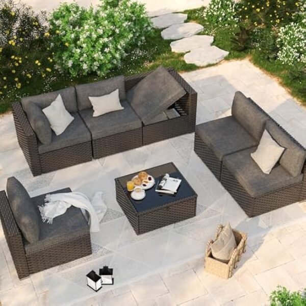 7 Pieces Patio Conversation Sets, Modern Rattan Wicker Outdoor Sectional Sofa Set, All-Weather Wicker Patio Furniture Set with Adjustable Seat, Soft Cushions & Coffee Table, Grey - Image 5