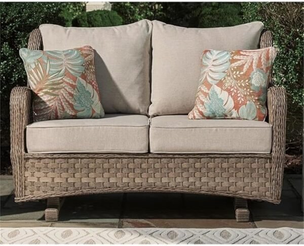 Clear Ridge Outdoor Handwoven Wicker Cushioned Loveseat Glider with 2 Throw Pillows, Light Brown - Image 2