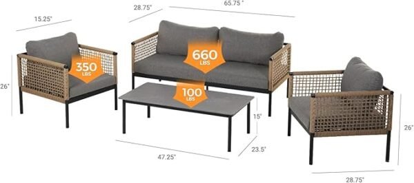 Outdoor 4-Piece Conversation Set Rust Free Patio Furniture Set Open-Weave Wicker Olefin Modern Sofa Seating for Garden, Backyard, Balcony, Gray - Image 5