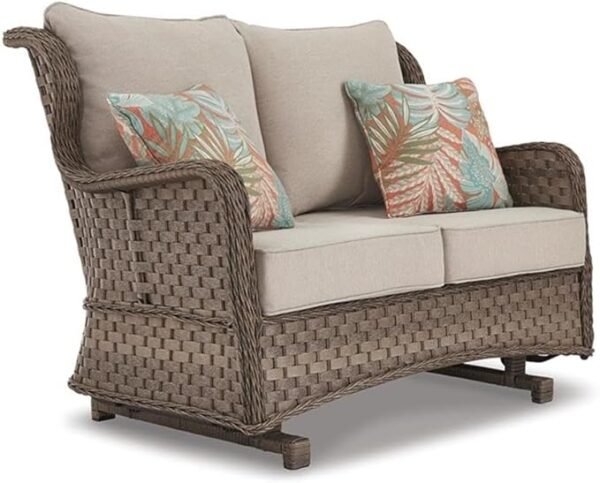 Clear Ridge Outdoor Handwoven Wicker Cushioned Loveseat Glider with 2 Throw Pillows, Light Brown - Image 3