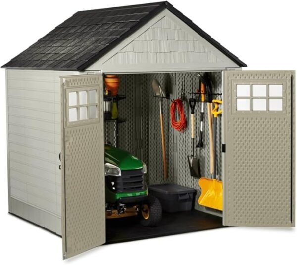 7 Foot by 7 Foot Weatherproof Outdoor Storage Shed for Garden Tools and Lawn Machinery Organization with Lockable Double Door, Sandstone - Image 5