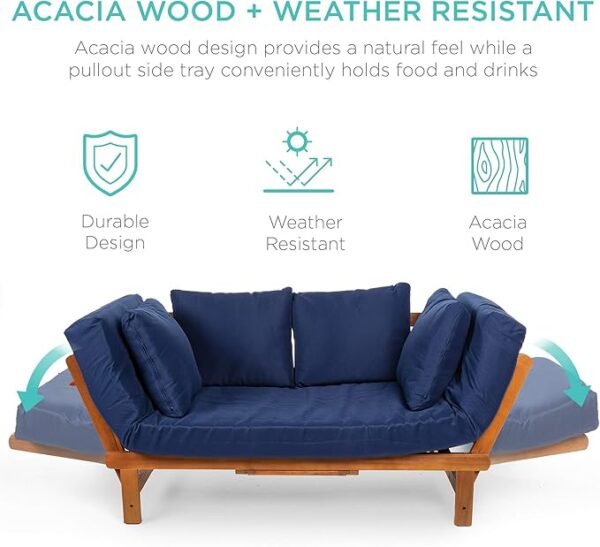 Outdoor Convertible Acacia Wood Futon Sofa Furniture for Patio, Balcony, Poolside, Backyard w/Pullout Tray, Removable Weather-Resistant Cushion & 4 Pillows - Navy Blue - Image 3