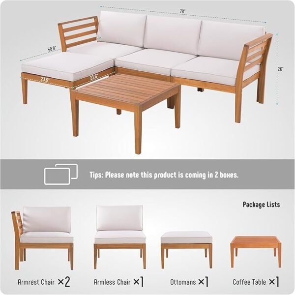 5 Pieces Outdoor Couch Patio Sectional Sofa with Acacia Wood Coffee Table, L Shape Outdoor Sectional Furniture with All-Weather Cushion,Patio Couch for Lawn,Deck,Backyard - Image 2