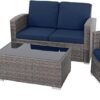 4 Piece Outdoor Patio Conversation Set, All-Weather PE Rattan Wicker Sectional Patio Sofa Set with Tempered Glass Coffee Table for Family Gatherings, Navy Blue - Image 7