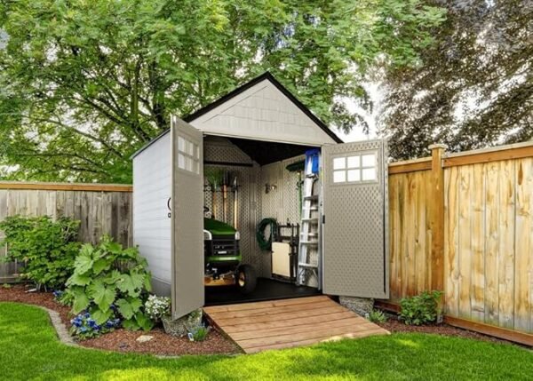 7 Foot by 7 Foot Weatherproof Outdoor Storage Shed for Garden Tools and Lawn Machinery Organization with Lockable Double Door, Sandstone - Image 2