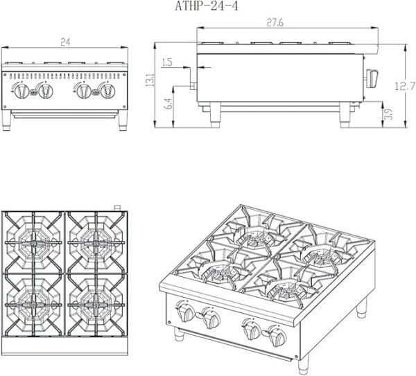 24” Freestanding Commercial Gas Cook Stove Range with 4 Burners, Cook Rite Stainless Steel Gas Hot Plate Burner- 100000 BTU - Image 2