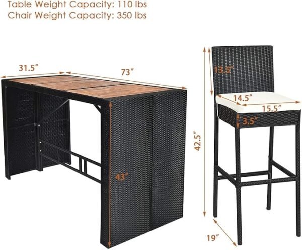 7 PCS Outdoor Wicker Furniture with Acacia Wood Bar Table Top and Removable Cushion, Conversation Set for Dining, Patios, Backyards, Porches, Gardens and Poolside (Black) - Image 4