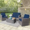 4 Piece Outdoor Patio Conversation Set, All-Weather PE Rattan Wicker Sectional Patio Sofa Set with Tempered Glass Coffee Table for Family Gatherings, Navy Blue