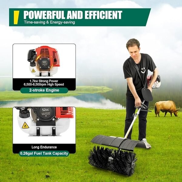 Gas Power Sweeper Handheld Broom, 2.3HP Aluminum Alloy Walk Behind Sweeper Cleaning Driveway Tools, 52cc 2Stroke Gas Power Broom Cleaning Driveway Tool Walk-Behind Lawn Mowers - Image 4