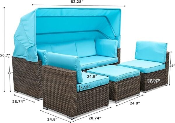 Outdoor Patio Wicker Daybed Furniture Set with Retractable Canopy, Storable Side Table, and Soft Cushions for Relaxing in Your Backyard or Porch, Turquoise - Image 6