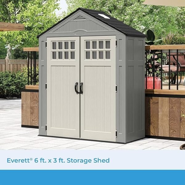 BMS6312D Everett 6' x 3' Heavy-Duty Resin Outdoor Pad-Lockable Double Doors and Windows All-Weather Shed for Yard Storage, Dove Gray - Image 5
