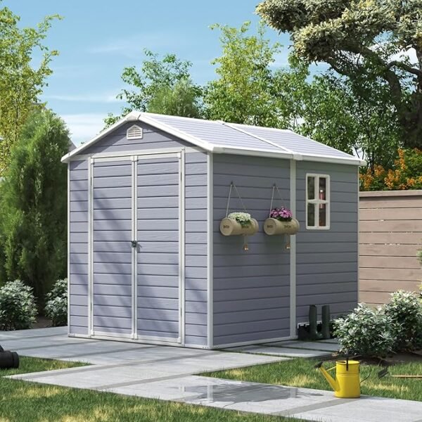 8x6FT Resin Outdoor Storage Shed with Floor, Plastic Garden Shed with Lockable Door and Window, Tools House to Store Patio Furniture, Bike Accessories, Garbage Can and Lawn Mower - Grey - Image 6