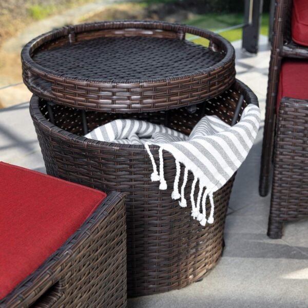 Best Choice Products 5-Piece Outdoor Patio Furniture Set, No Assembly Required Wicker Conversation Bistro & Storage Table for Backyard, Porch, Balcony w/Space-Saving Design - Brown/Red - Image 7