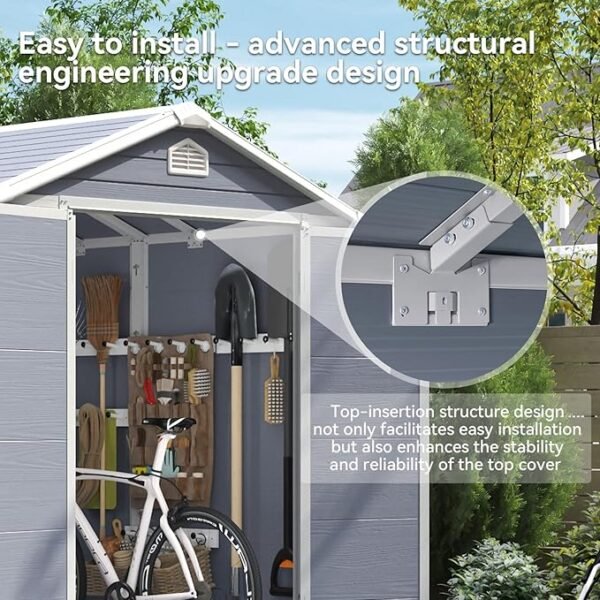 8x6FT Resin Outdoor Storage Shed with Floor, Plastic Garden Shed with Lockable Door and Window, Tools House to Store Patio Furniture, Bike Accessories, Garbage Can and Lawn Mower - Grey - Image 5