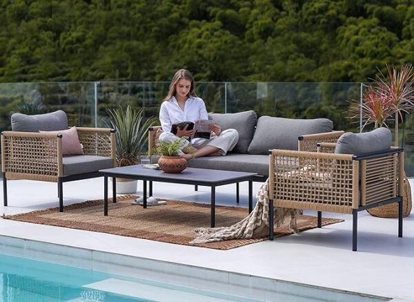 Outdoor 4-Piece Conversation Set Rust Free Patio Furniture Set Open-Weave Wicker Olefin Modern Sofa Seating for Garden, Backyard, Balcony, Gray - Image 2