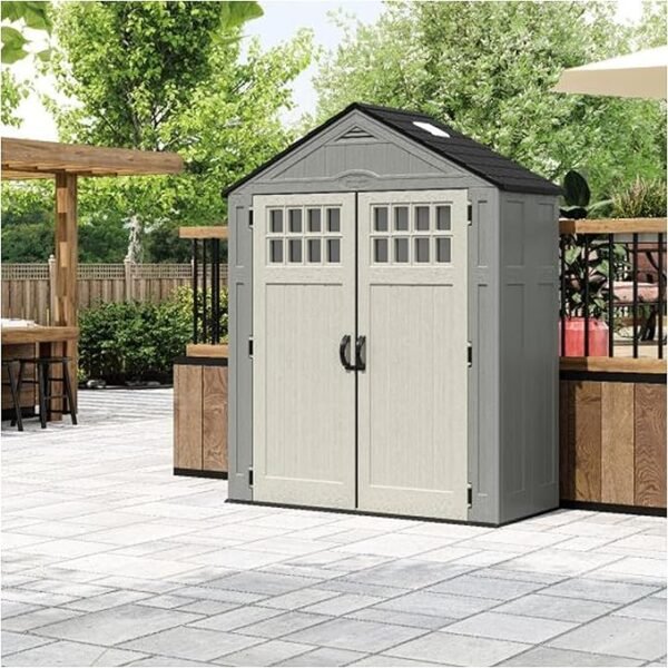BMS6312D Everett 6' x 3' Heavy-Duty Resin Outdoor Pad-Lockable Double Doors and Windows All-Weather Shed for Yard Storage, Dove Gray - Image 3