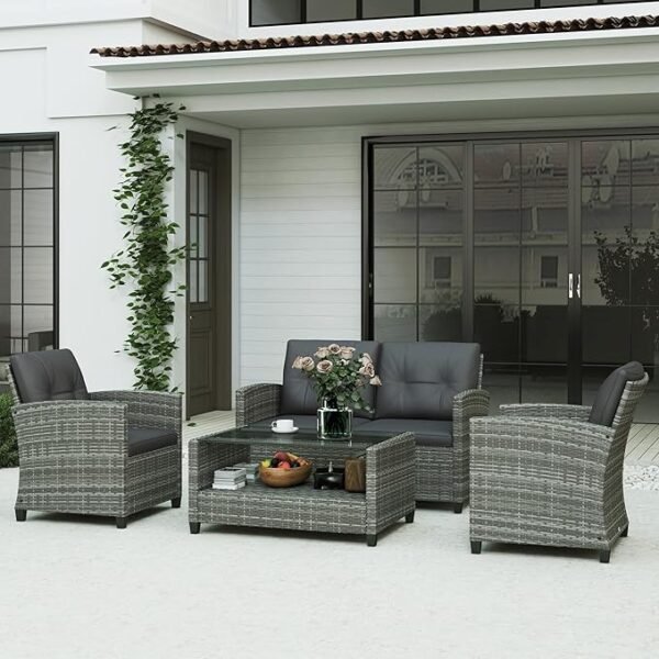 4 Pieces Patio Furniture Sets with Cushions, PE Rattan Wicker Conversation Chairs w/Two-Tier Coffee Table for Backyard Porch Garden Poolside and Deck, Charcoal - Image 2