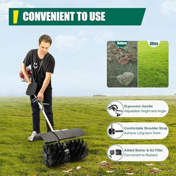 Gas Power Sweeper Handheld Broom, 2.3HP Aluminum Alloy Walk Behind Sweeper Cleaning Driveway Tools, 52cc 2Stroke Gas Power Broom Cleaning Driveway Tool Walk-Behind Lawn Mowers - Image 2