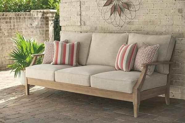 Clare View Coastal Outdoor Patio Eucalyptus Sofa with Cushions, Beige - Image 2