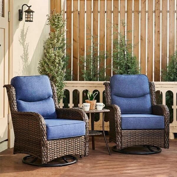 Luxury High Back Outdoor Swivel Rocker Patio Chairs Set of 2, with 6-Inch Thick Cushions and Side Table, Ideal for Porch, Poolside, Deck, and Yard in Blue