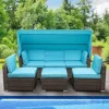 Outdoor Patio Wicker Daybed Furniture Set with Retractable Canopy, Storable Side Table, and Soft Cushions for Relaxing in Your Backyard or Porch, Turquoise