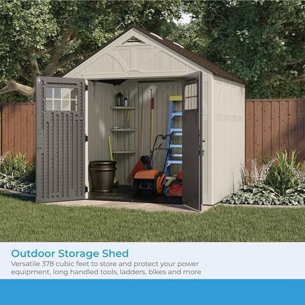 8' x 7' Heavy-Duty Resin Tremont Storage Shed with Reinforced Floor, Skylights for Natural Light, Lockable Double Doors, Cream - Image 4