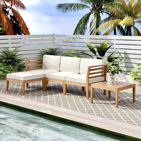 5 Pieces Outdoor Couch Patio Sectional Sofa with Acacia Wood Coffee Table, L Shape Outdoor Sectional Furniture with All-Weather Cushion,Patio Couch for Lawn,Deck,Backyard