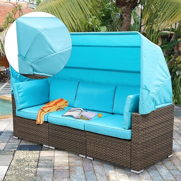 Outdoor Patio Wicker Daybed Furniture Set with Retractable Canopy, Storable Side Table, and Soft Cushions for Relaxing in Your Backyard or Porch, Turquoise - Image 4